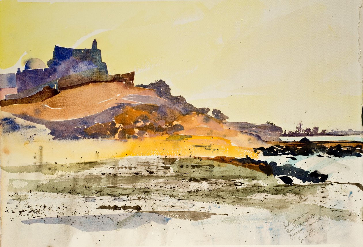 Sidi Jemour, rochers et côte, Djerba Tunisie, 2000 (aquarelle) - Simon Fletcher