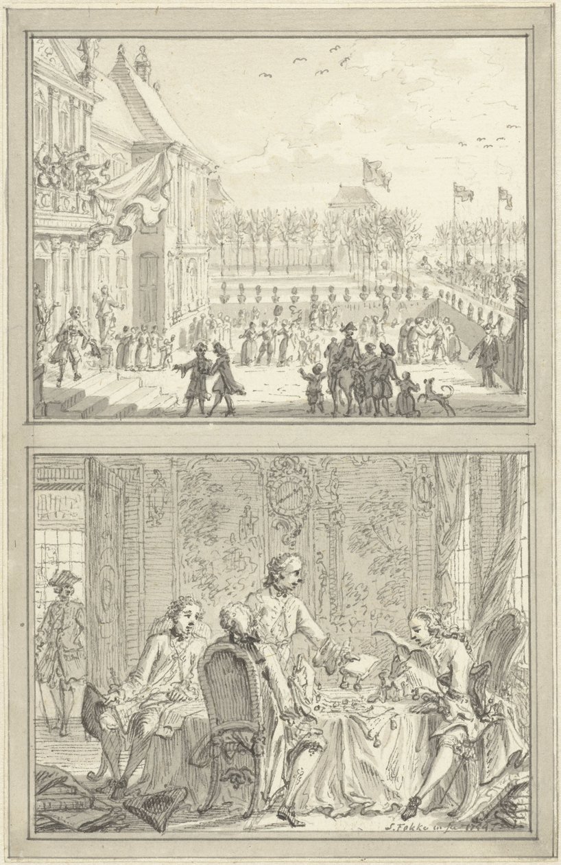 Le palais Honselaarsdijk change de propriétaire / Vente des seigneuries prussiennes à Anna de Hanovre, 1754 - Simon Fokke