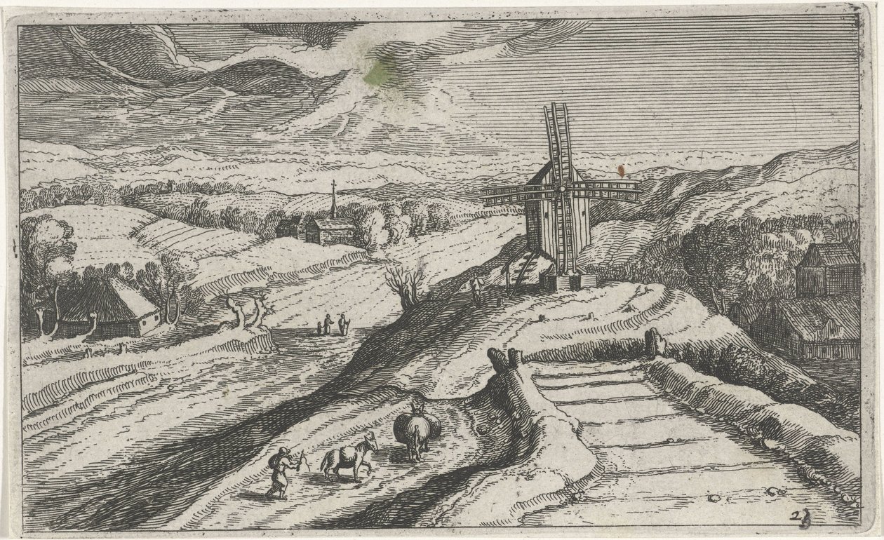 Paysage vallonné avec un moulin à vent (Verschillende landschappen) - Simon Frisius (attributed to)