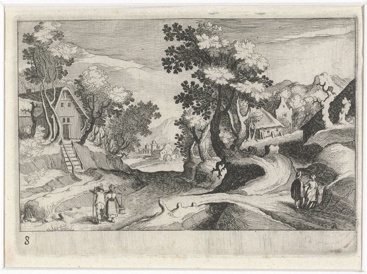 Paysage vallonné boisé avec bâtiments et figures - Simon Frisius