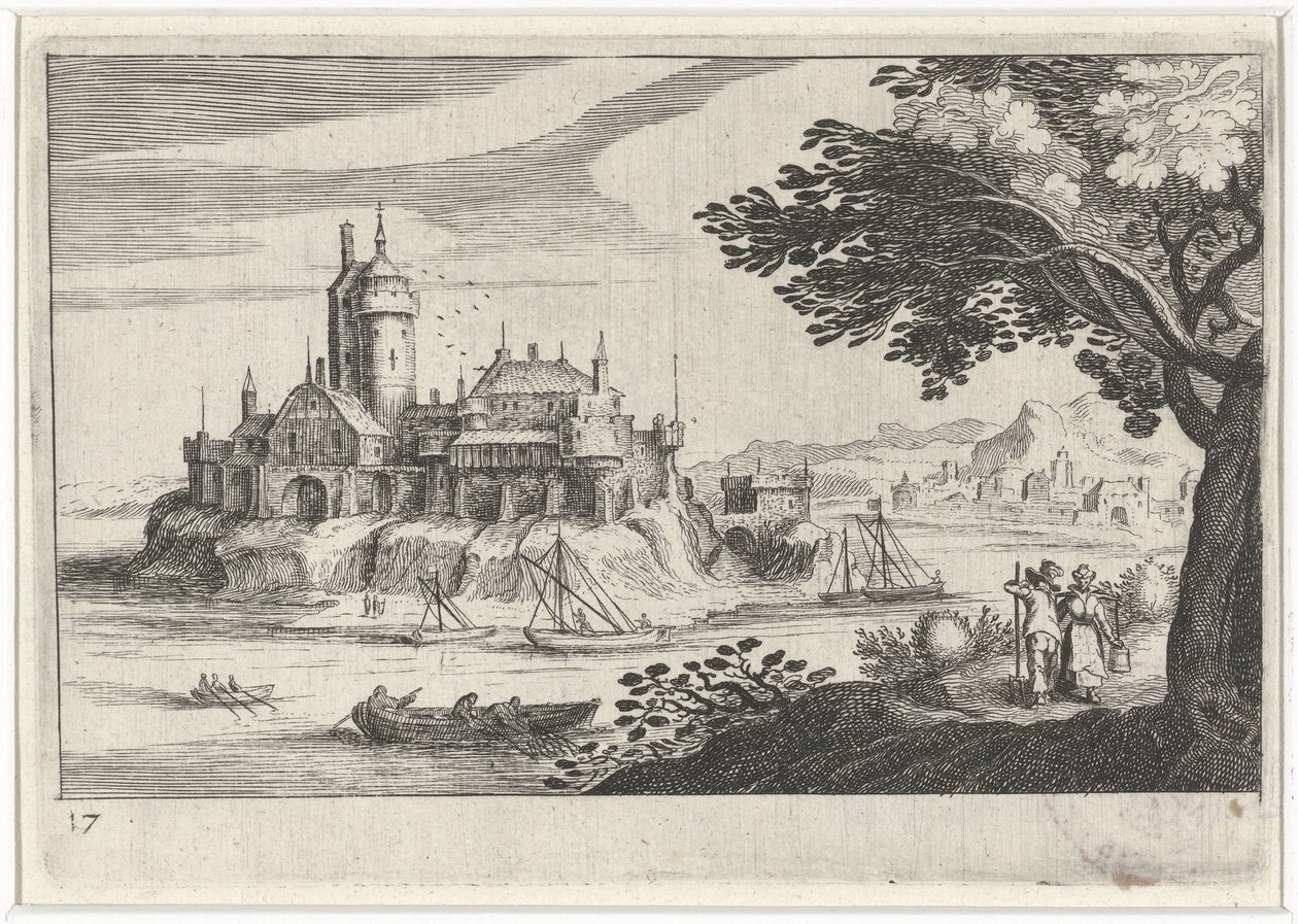 Paysage vallonné avec un château sur une île - Simon Frisius