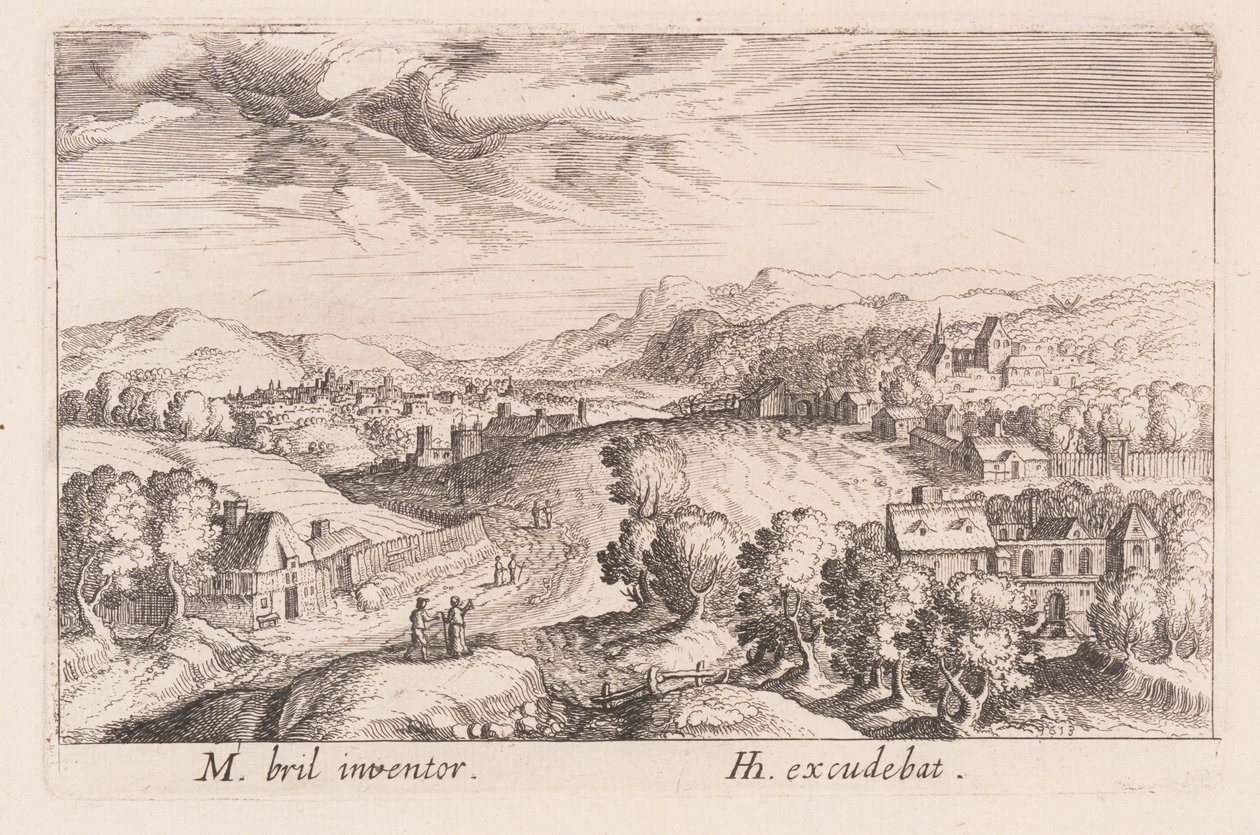 Paysage vallonné avec trois couples, tiré de Topographia Variarum Regionum - Simon Frisius