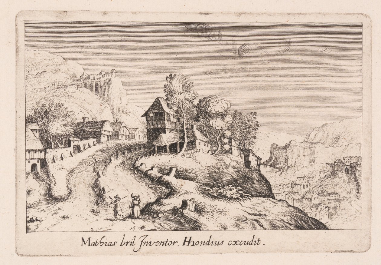 Paysage avec un sentier sur une montagne à travers un village, tiré de Topographia Variarum Regionum - Simon Frisius