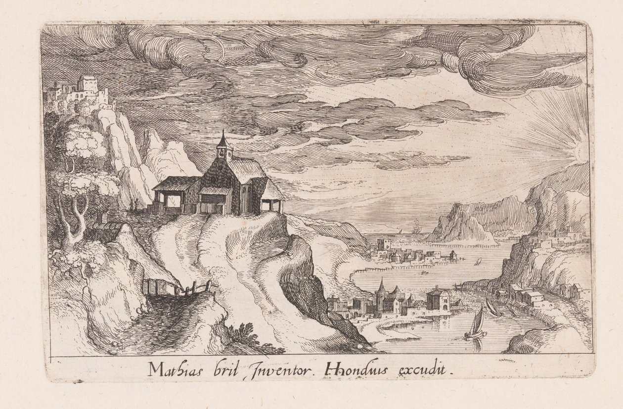 Paysage avec une vallée fluviale et une église sur une colline, tiré de Topographia Variarum Regionum - Simon Frisius