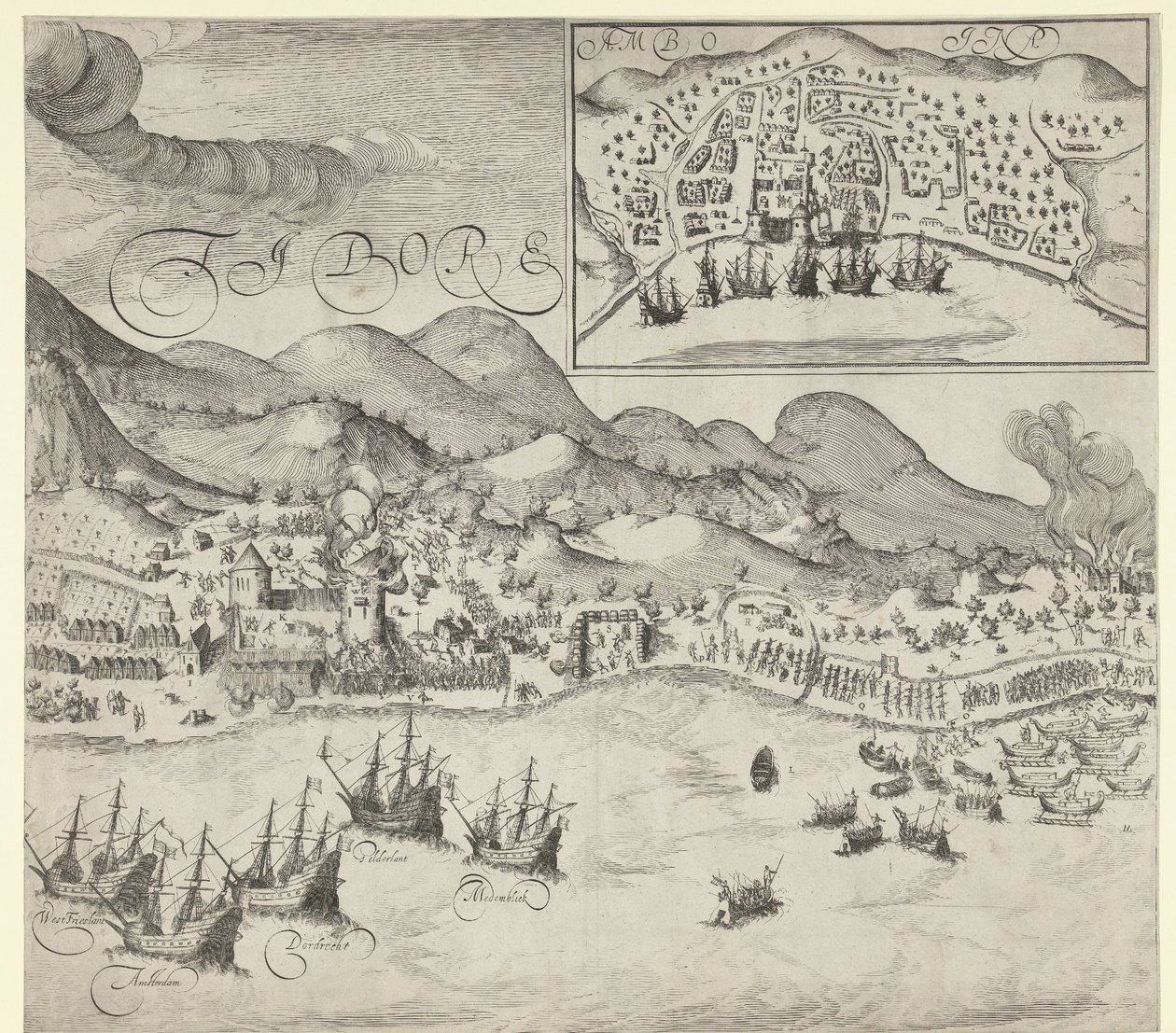 Victoire des Hollandais sur les Portugais à Tidore (tableau de droite), 1605 - Simon Frisius