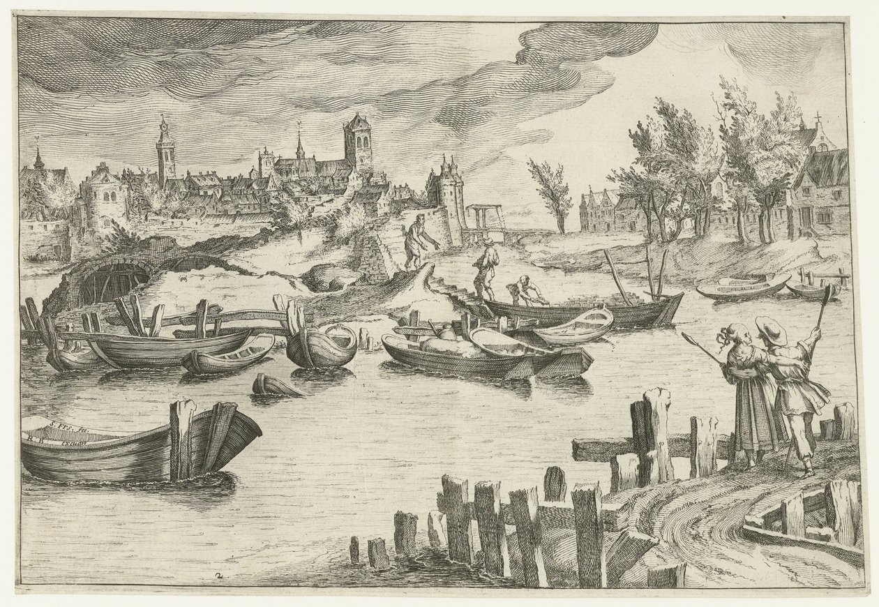 Paysage fluvial avec une ville en arrière-plan - Simon Frisius