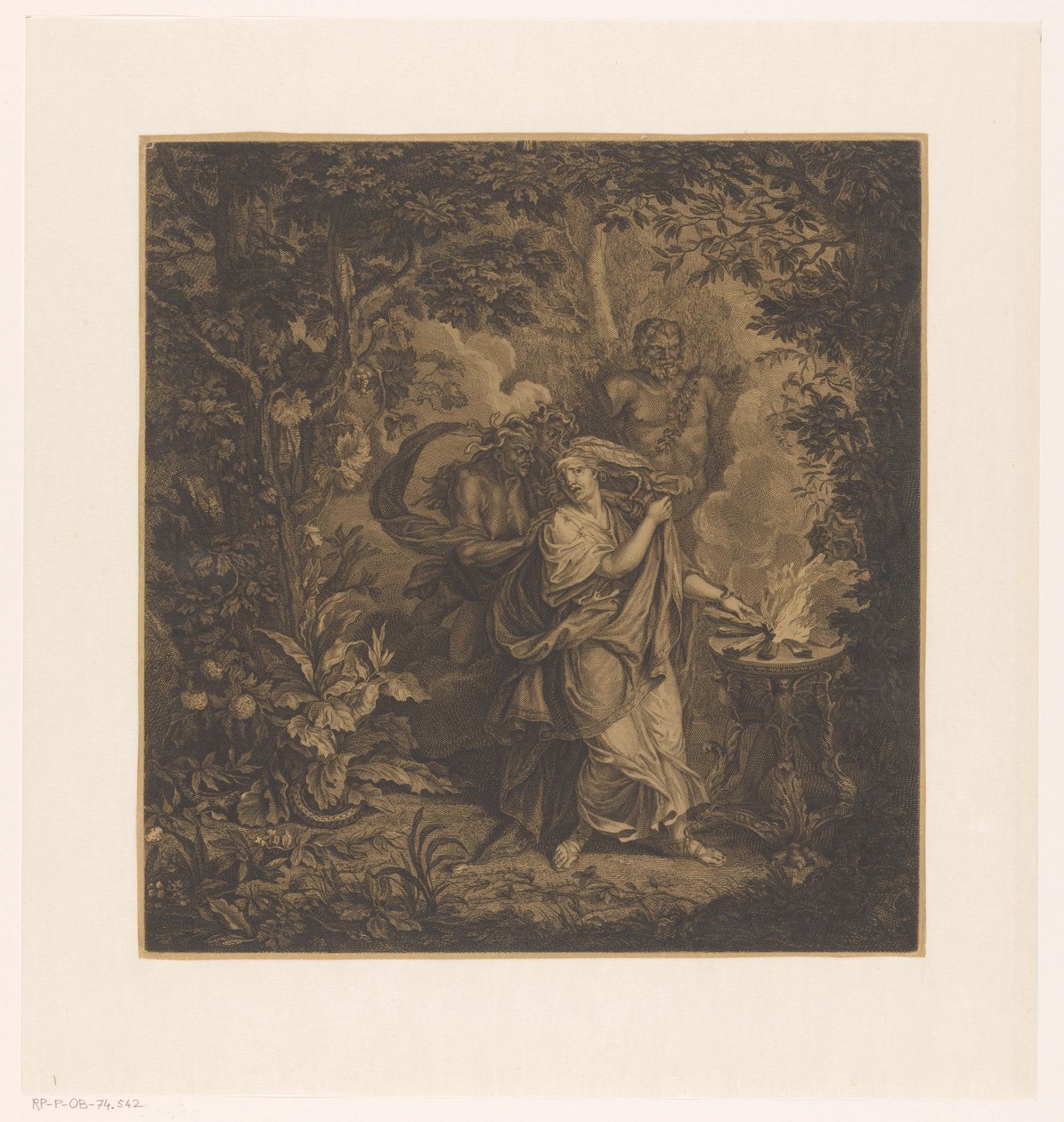 Scène mythologique avec une reine offrant dans une forêt, peut-être Althaea, et trois gorgones - Simon Henri Thomassin