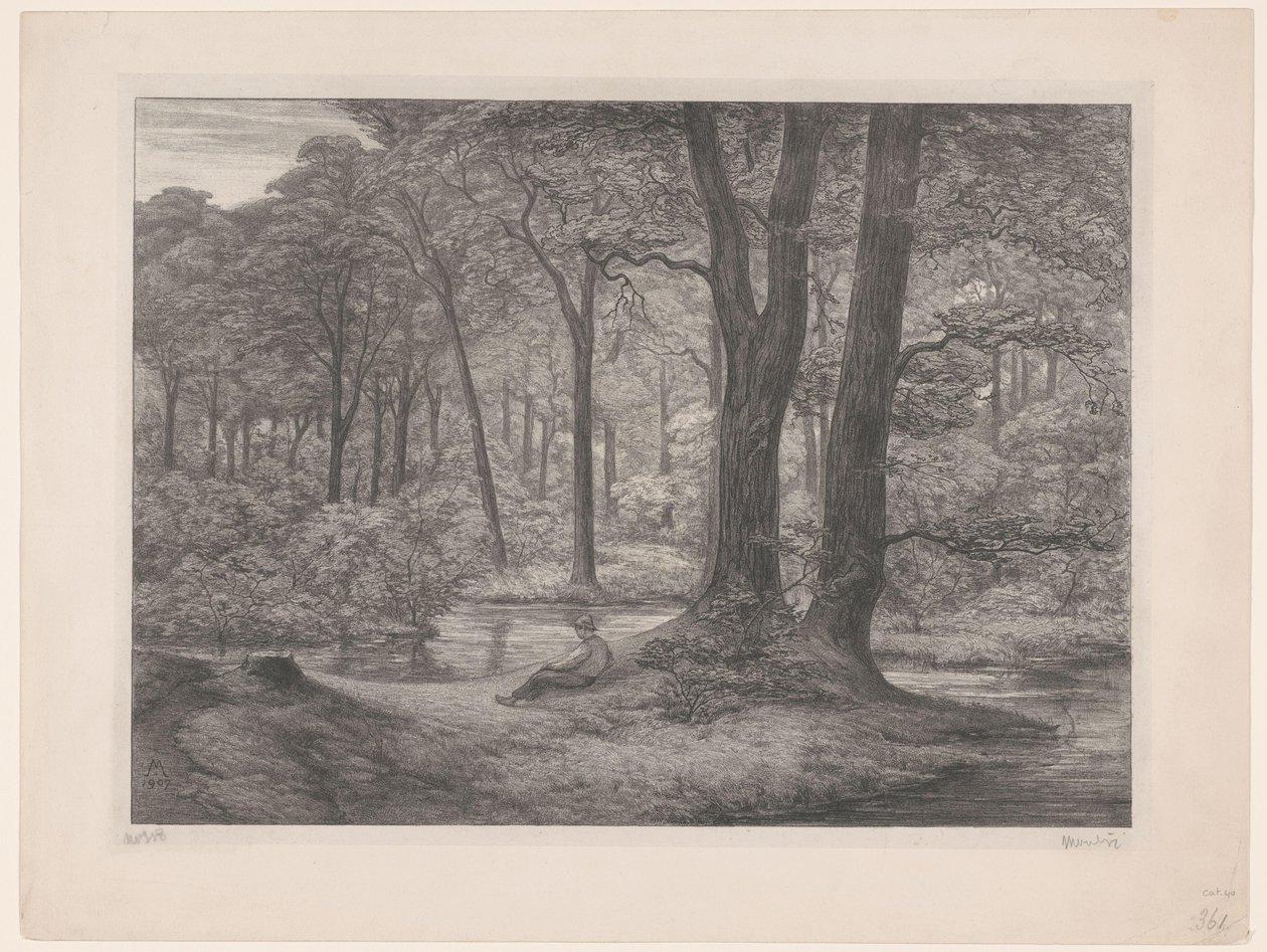 Forêt avec étang et homme allongé - Simon Moulijn (signed by artist)