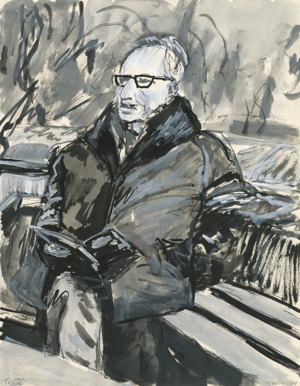 Homme lisant un livre, 2019 (encre et peinture acrylique sur papier) - Simon Neville