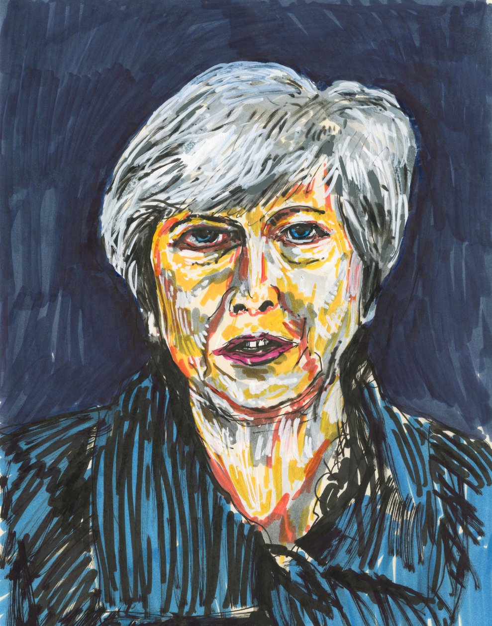 Theresa May, 2019 (encre et peinture acrylique sur papier) - Simon Neville