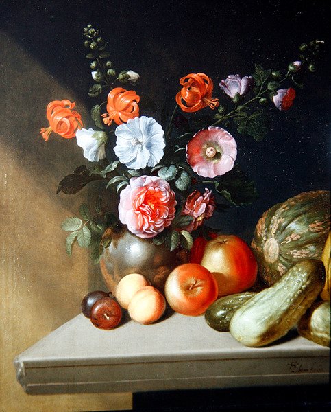 Une nature morte de roses, delphiniums et lys - Simon Peter Tilmann