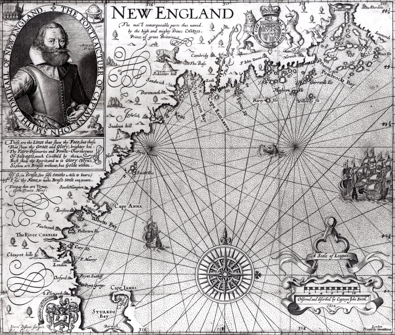 Carte de la côte de la Nouvelle-Angleterre, observée et décrite par le capitaine John Smith (1580-1631) 1614, tirée de 