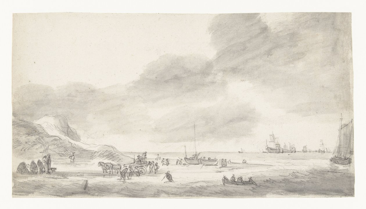 Vue de plage avec pêcheurs de coquillages et promeneurs - Simon de Vlieger (possibly)