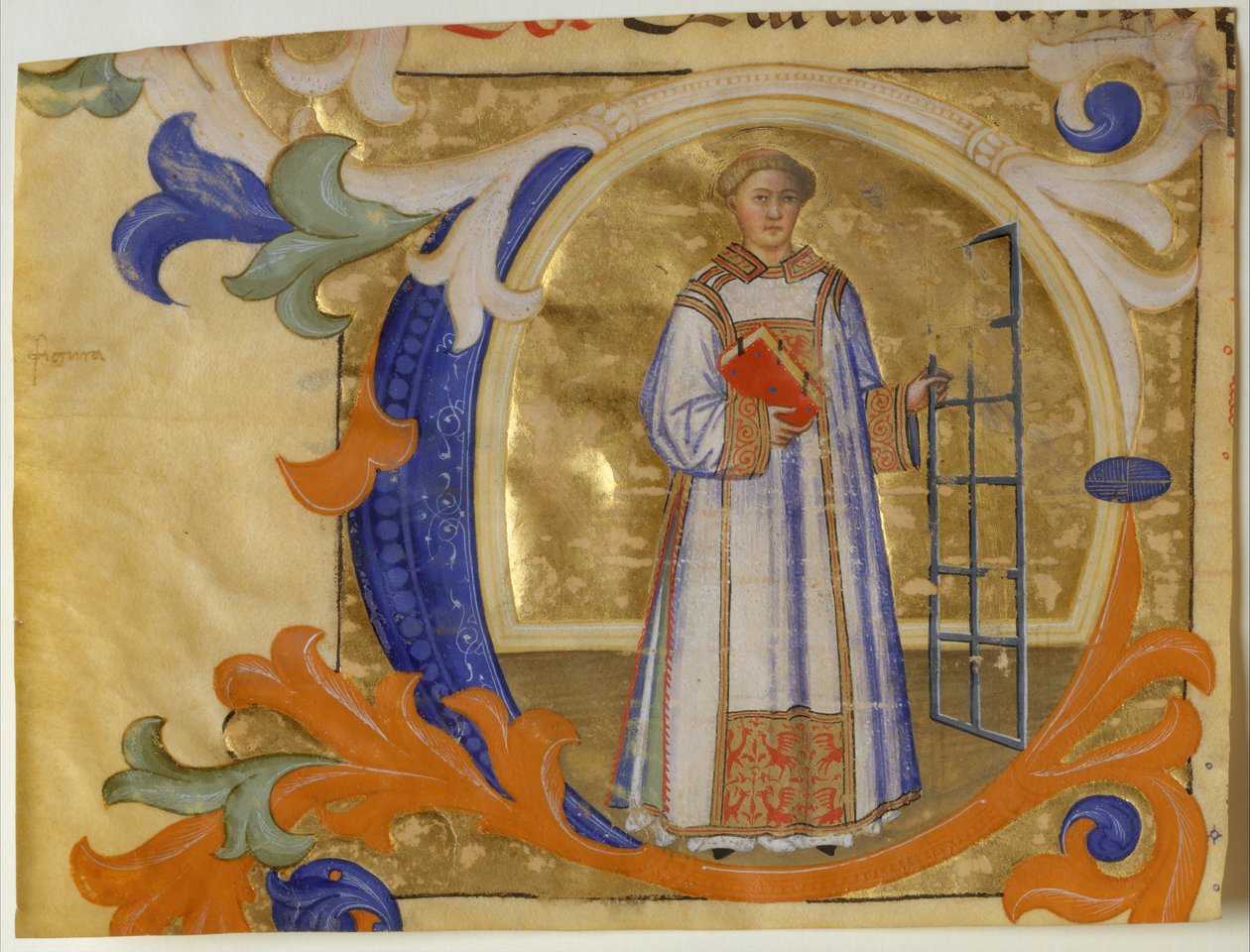 Enluminure de manuscrit avec Saint Laurent dans une initiale C, d
