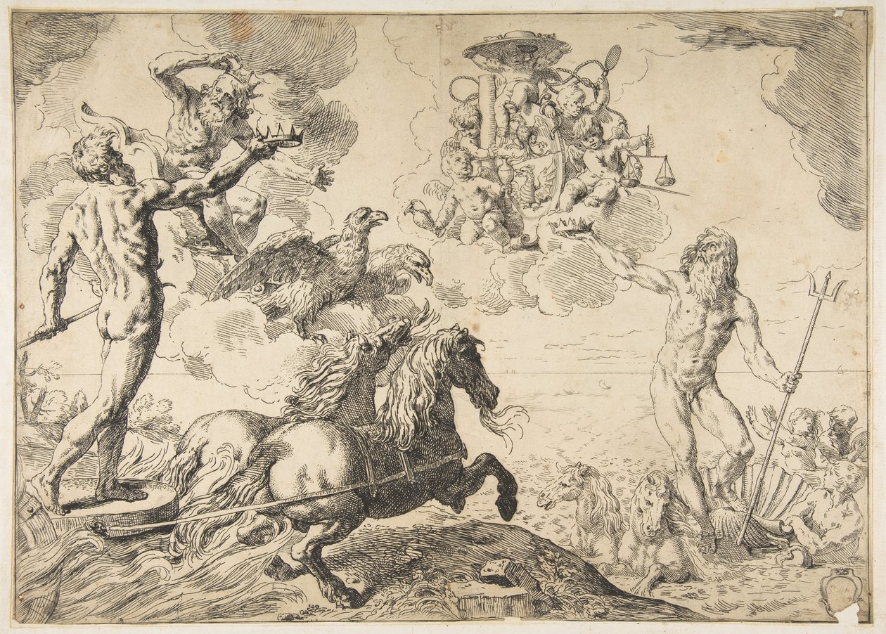 Jupiter, Neptune et Pluton offrant leurs couronnes aux armes du cardinal Borghèse, 1642-43 - Simone Cantarini