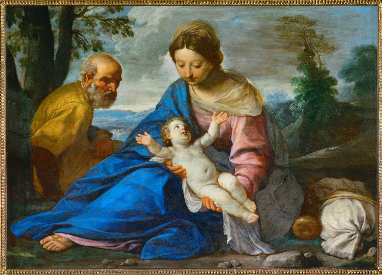 Repos lors de la fuite en Egypte (peinture sur toile sur bois) - Simone Cantarini