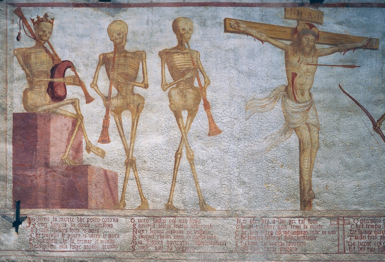 Trois squelettes jouant la Danse macabre et le Christ en croix (détail) - Simone II Baschenis