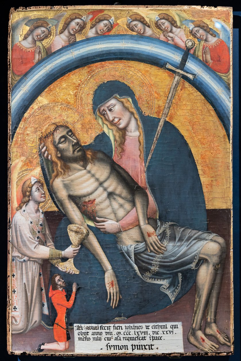 Lamentation sur le Christ mort avec le client, Iohannes de Elthinl, par Simone dei Crocifissi, vers 1368. La Vierge est représentée comme Notre-Dame des Douleurs, avec une épée dans son cœur. - Simone dei Crocifissi