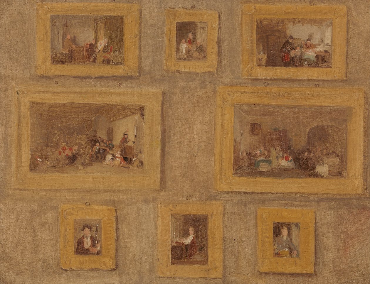 Le seul enfant ; La guimbarde ; Le doigt coupé ; Colin-maillard ; Le jour du loyer ; Le joueur de cornemuse écossais ; Le prie-Dieu ; et Autoportrait : Une esquisse des huit peintures encadrées et accrochées au mur - Sir David Wilkie