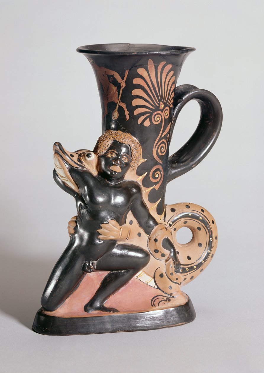 Rhyton en forme de corne à figures rouges représentant un crocodile attaquant un Nubien, grec, c.350 av. J.-C. - Sotades