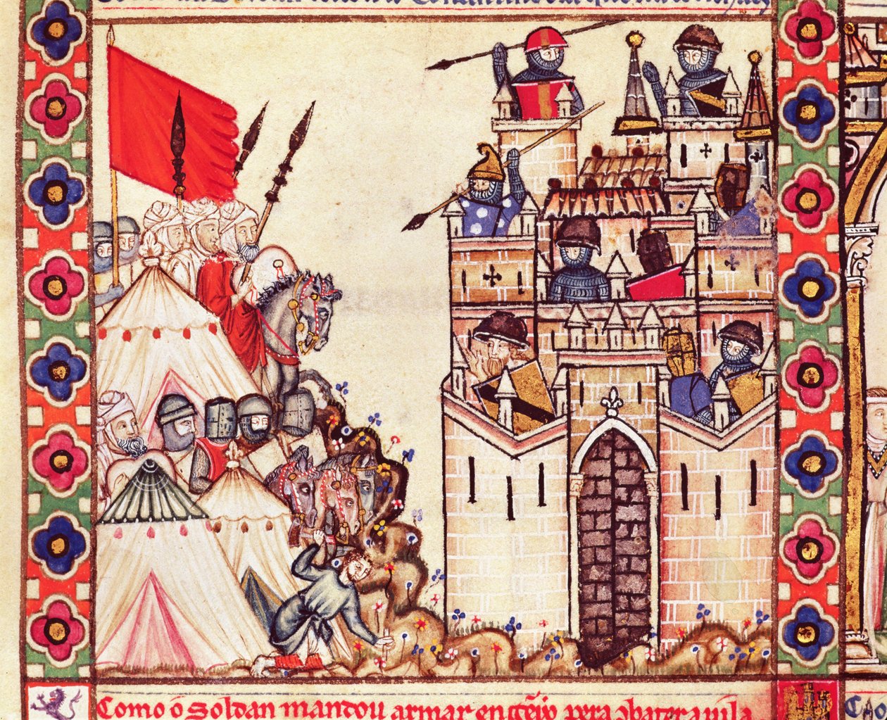 Détail de la Cantiga 28 représentant des soldats encerclant Constantinople qui était aux mains des chrétiens, écrit en galicien pour Alfonso X - Spanish School