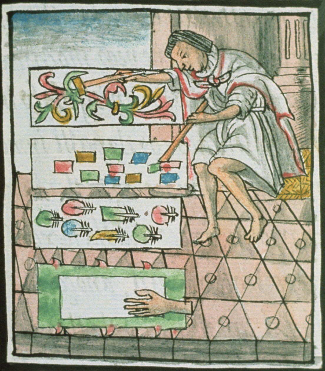 Ms Palat. 218-220 Livre IX Artisan de plumes aztèque concevant et découpant des motifs, du 