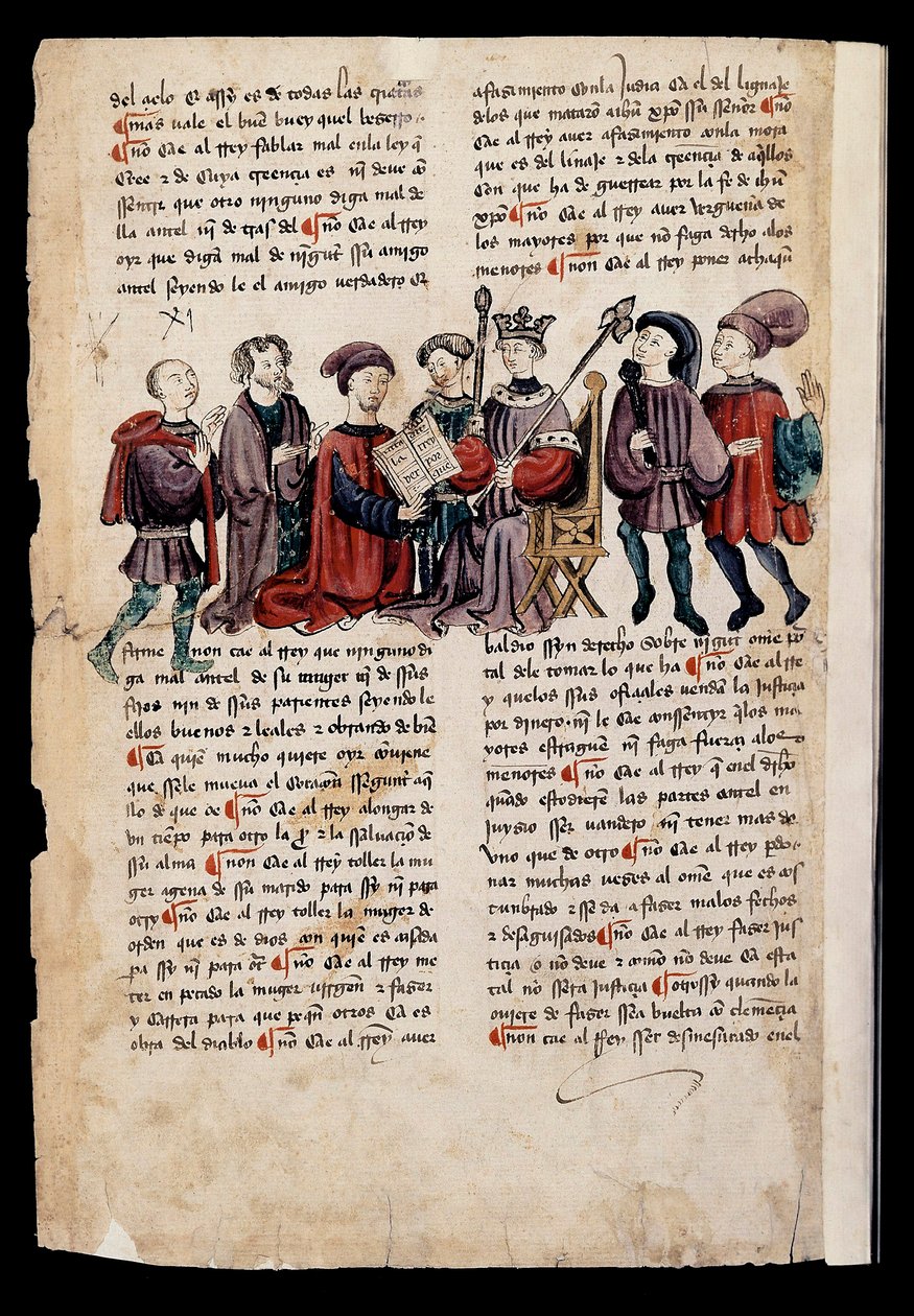 Un homme présente un livre au roi, miniature dans "Libro de los Castigos o Documentos para Bien Vivir" - Spanish School