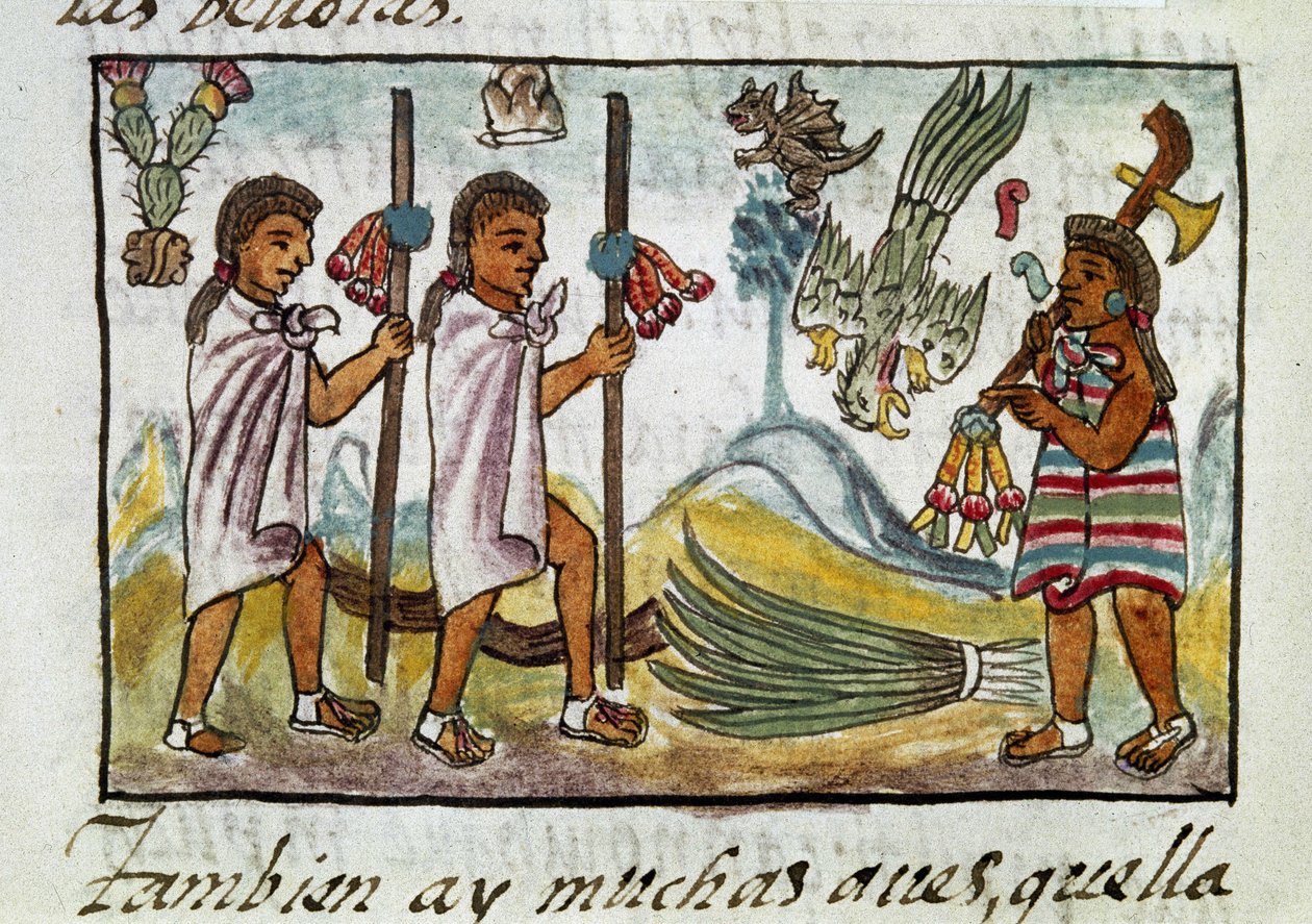Codex de la conquête du Mexique : marchands déguisés à Tzinacantlan. Miniature du manuscrit florentin 