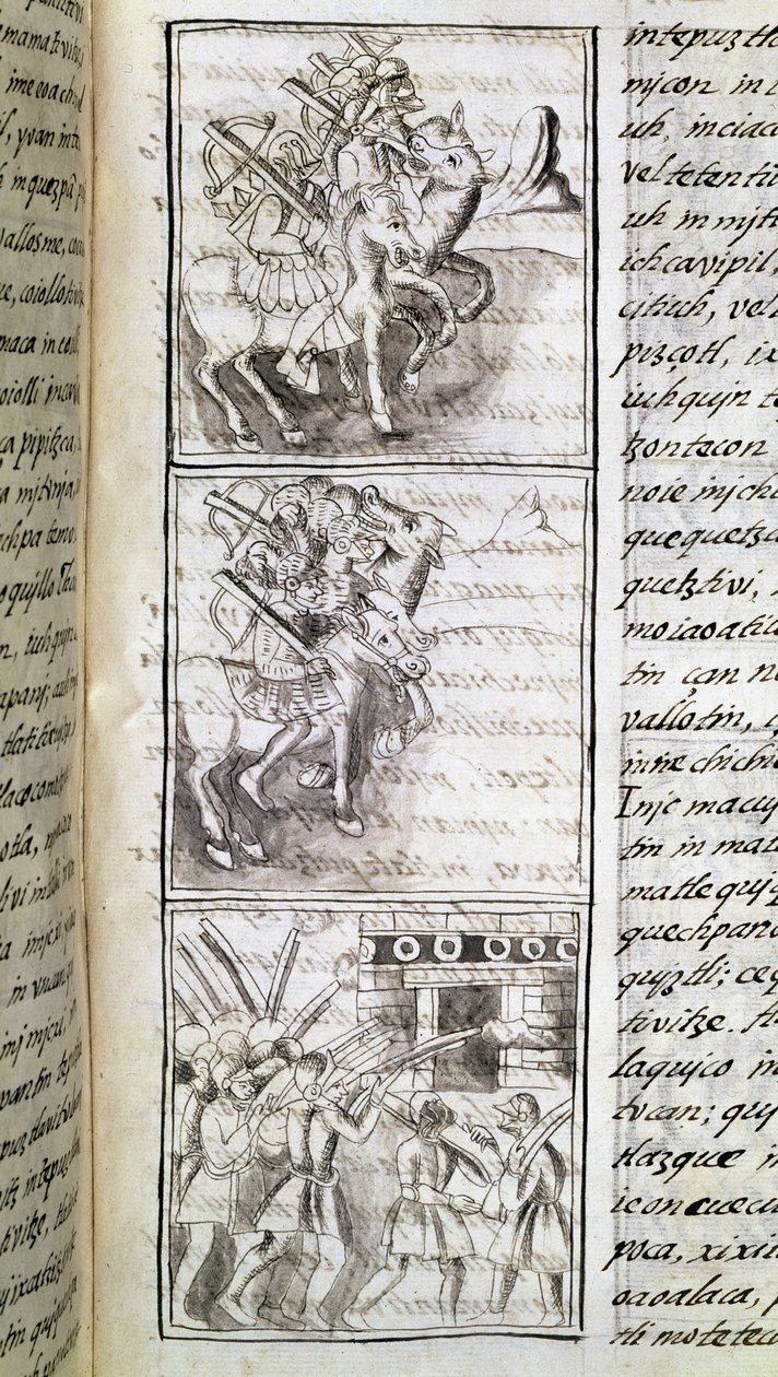 Codex de la conquête du Mexique : les Espagnols prêts à attaquer la ville de Tenochtitlan. Miniature du manuscrit florentin 