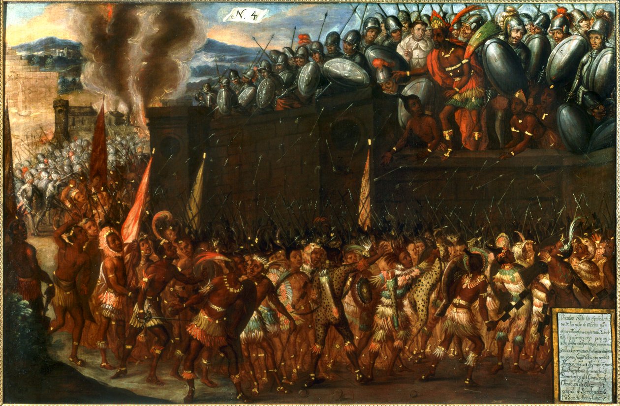 Conquête du Mexique - La mort de Montezuma aux mains de son propre peuple le 1er juillet ... (huile sur toile) - Spanish School