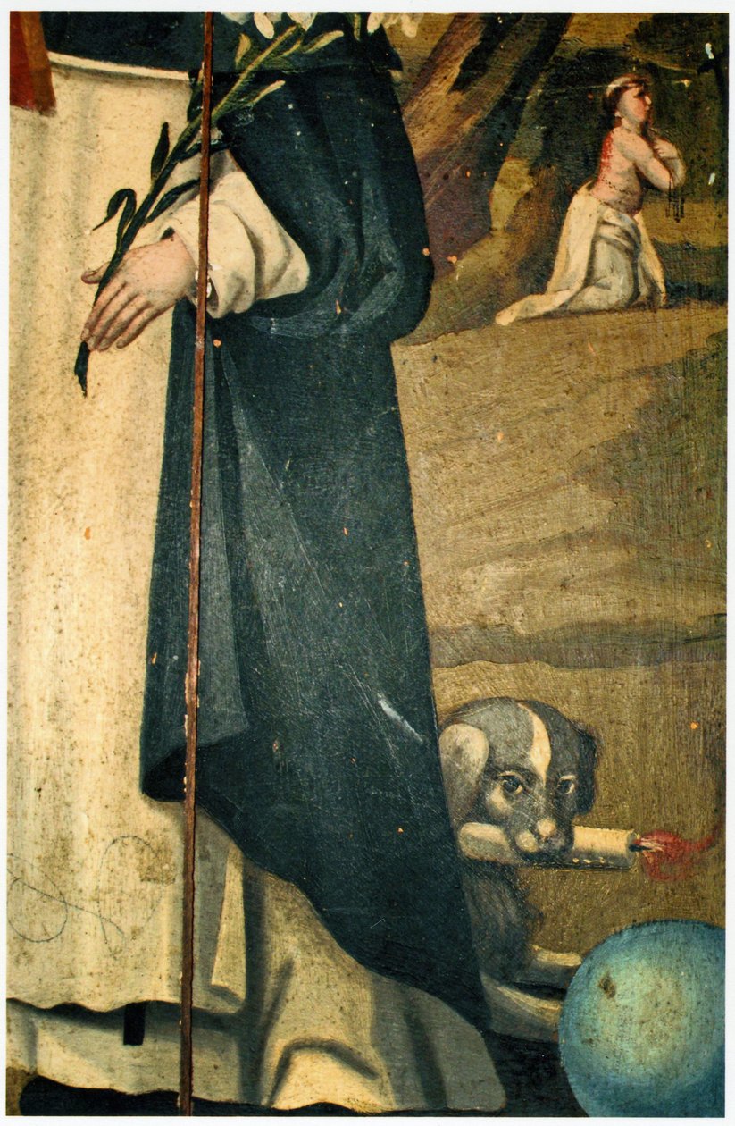 Détail montrant le lys, le bâton et le chien avec une torche, attributions de Saint Dominique - Spanish School