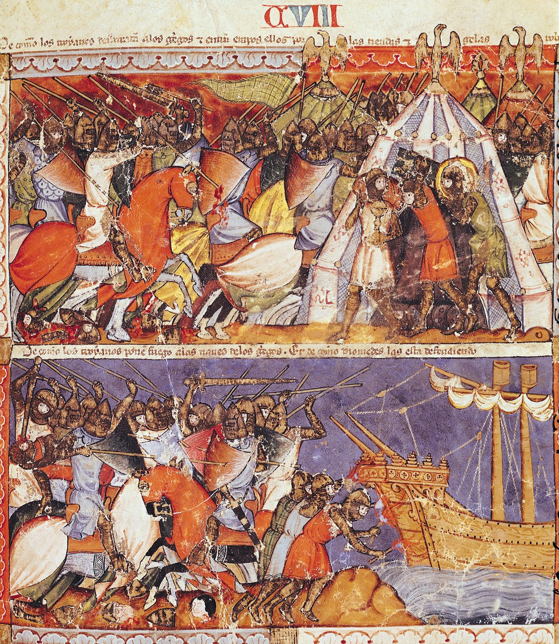 Fol.108r Les Troyens envahissant le camp grec et mettant le feu aux navires grecs, du Codex Benito de Santa Mora - Spanish School