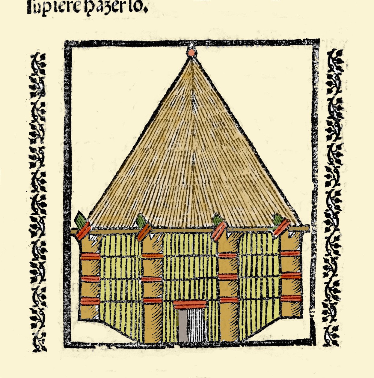 Habitat : description de la cabane des indigènes Caraïbes. Gravure du livre « Historia general de las Indias, islas y tierra firme del mar océano » par Gonzalo Fernandez de Oviedo (Gonzalo) ou Fernandez de, ou Hernandez de Oviedo y Valdes (1478-1557). - Spanish School