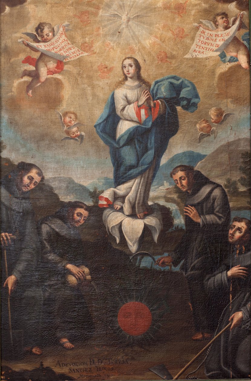 Immaculée Conception avec des Franciscains horticoles. Origine du chœur. Signé en bas à gauche «ADEVOZION DE DA TERESA, Sanchez Yepros ?». XVIIIe siècle. Juan Sánchez. - Spanish School