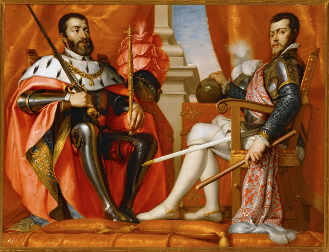 Karl V avec son fils Philipp II ... (peinture sur toile) - Spanish School