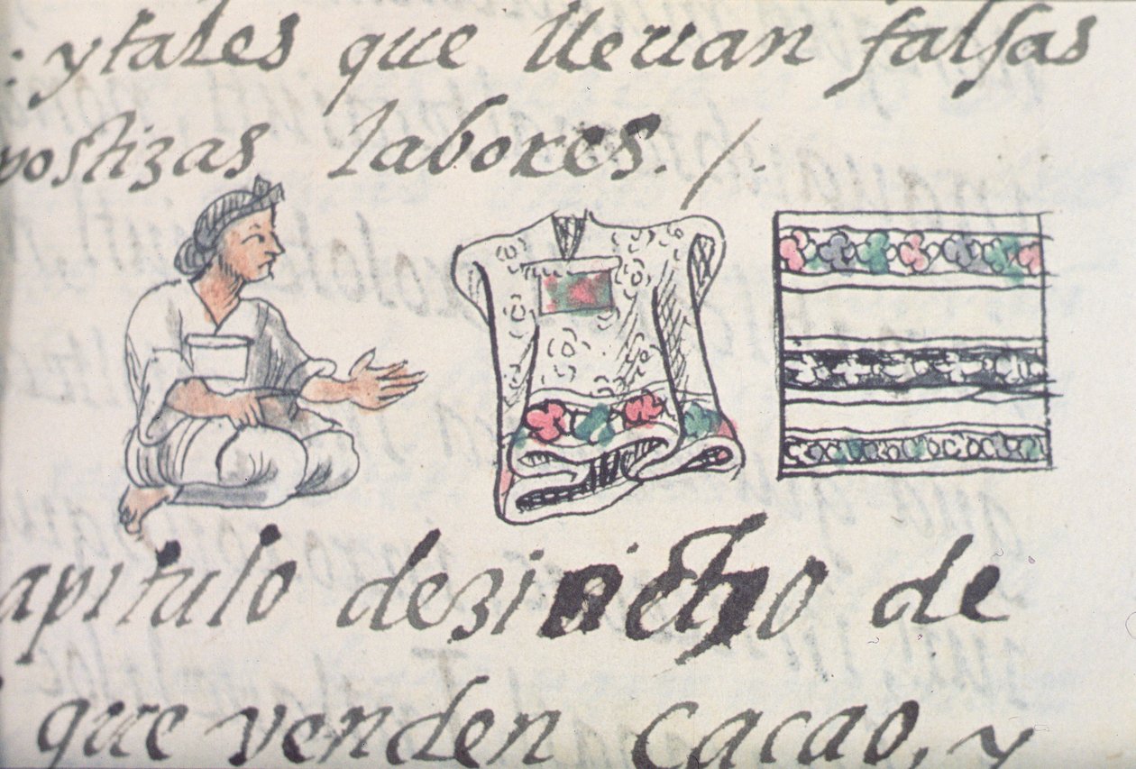 Ms Palat. 218-220 Livre IX Un marchand aztèque vendant des manteaux, extrait du Codex florentin de Bernardino de Sahagún, vers 1540-85 - Spanish School