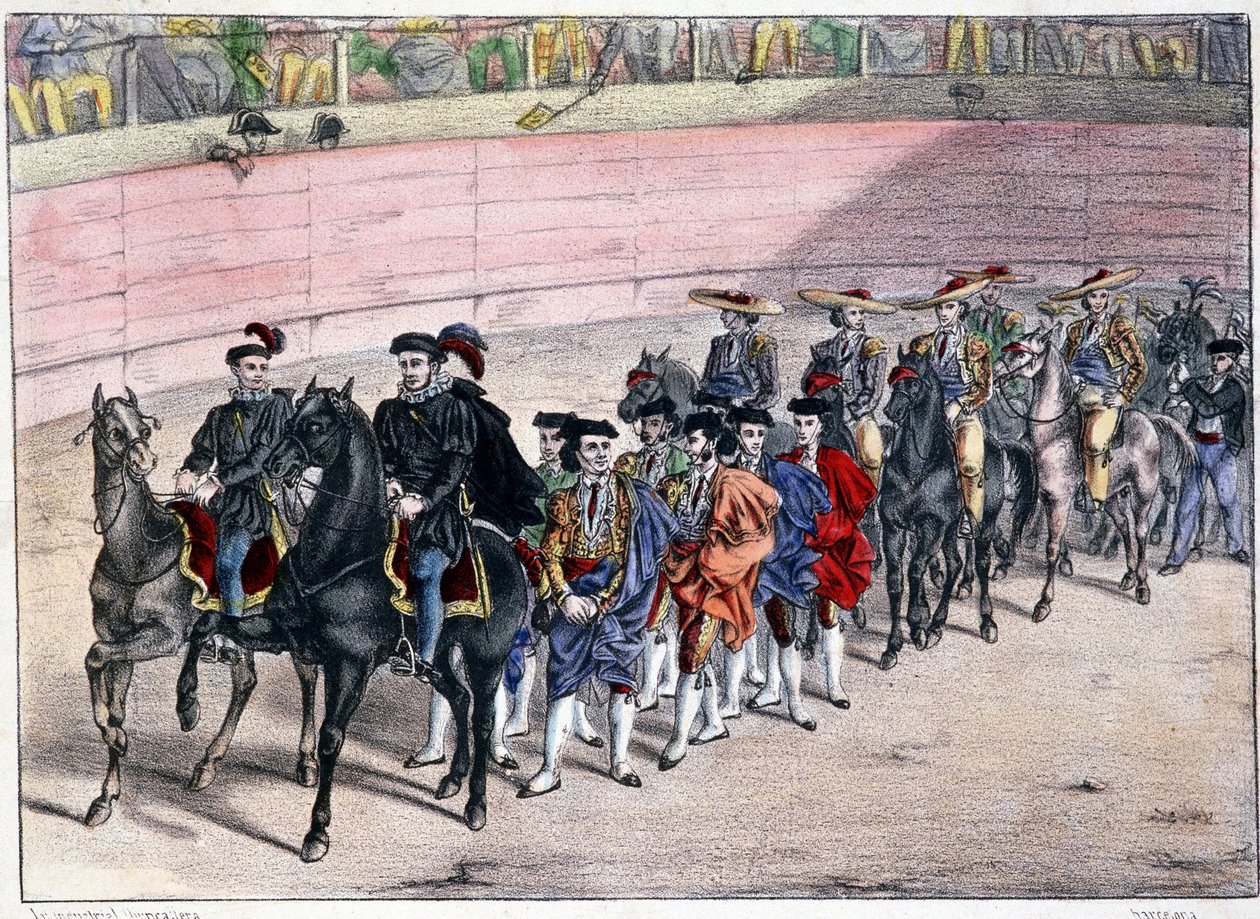 Sortie de la quadrille, corrida en Espagne, lithographie sd. 19e siècle - Spanish School