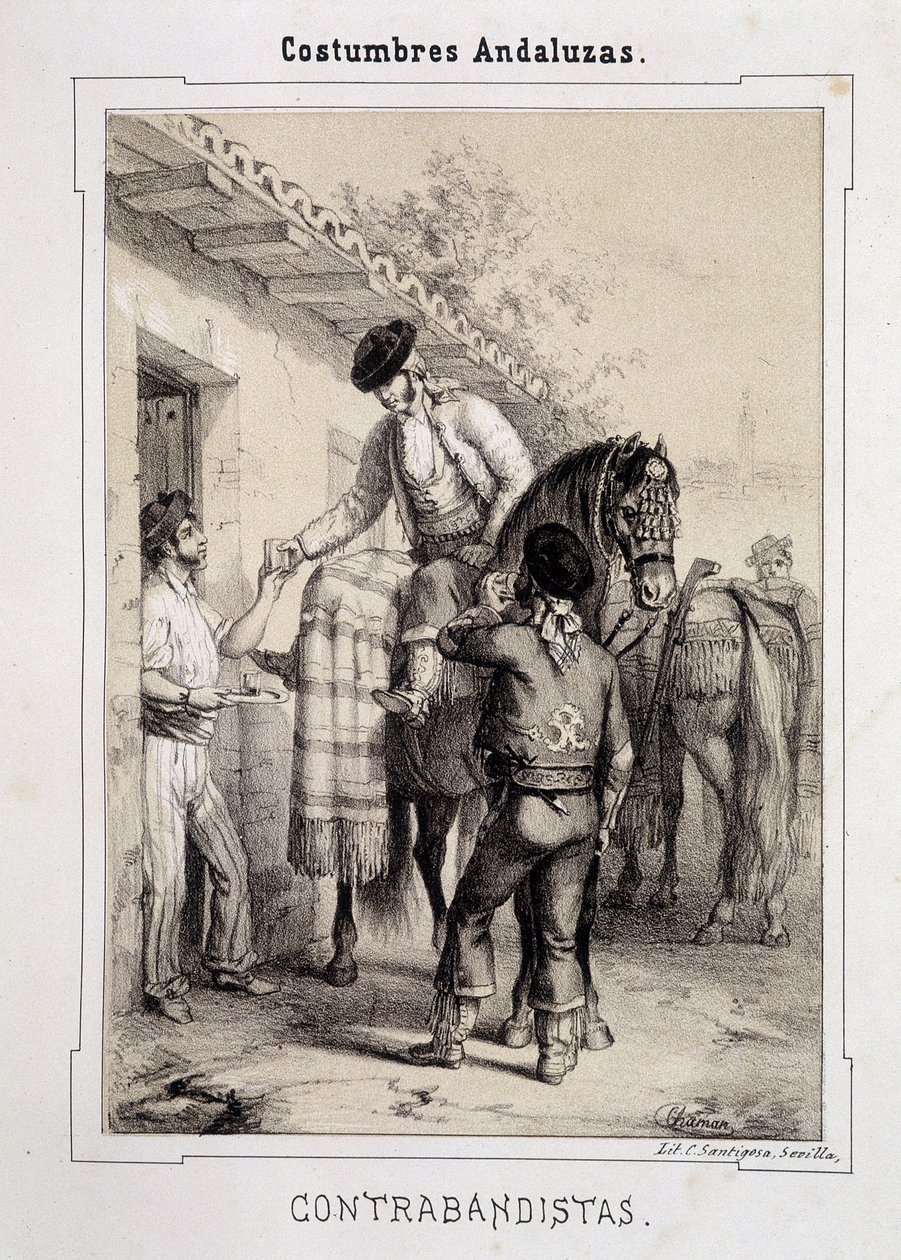 Contrebandiers, « Costumes andalous » par D Antonio Chaman - Spanish School