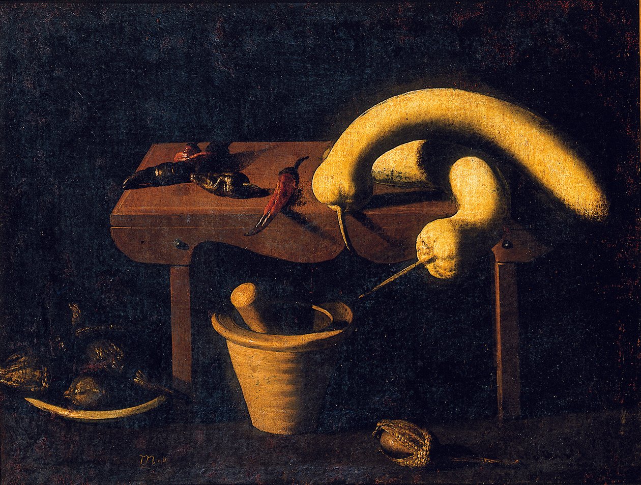 Nature morte avec poivrons et citrouilles sur un banc avec un mortier et un pilon et des oiseaux morts (vers 1620) - Spanish School