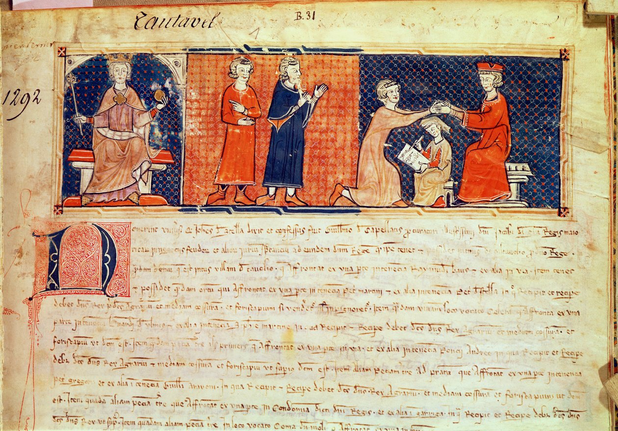 Le seigneur féodal prêchant son sermon devant le roi de Majorque, Jacques Ier (1207-76) du Capbreu de Clayra et de Millas, 1292 - Spanish School