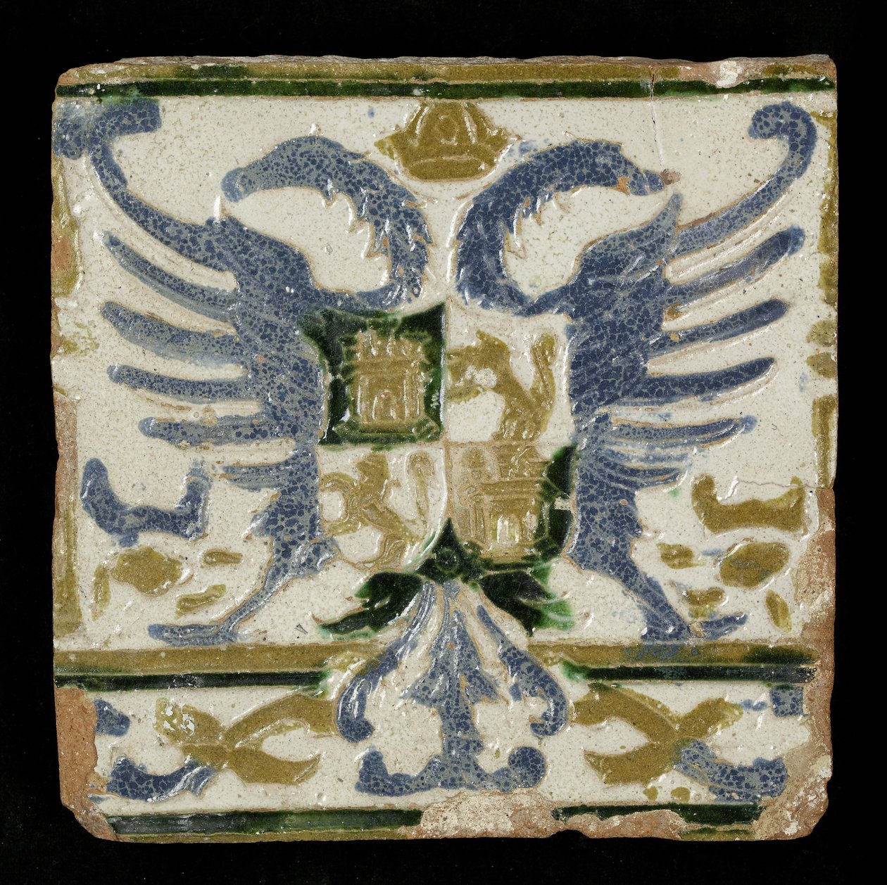 Carreau avec les armoiries de Léon et Castille, 1525 (faïence) - Spanish School