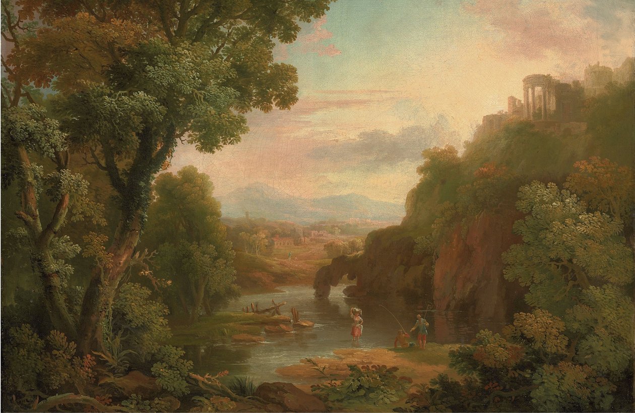 Paysage classique avec des pêcheurs et une lavandière, une villa au sommet d