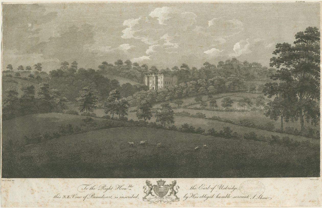 Beaudesert Hall et Parc: gravure sur acier, nd [1762-1802] - Stebbing Shaw