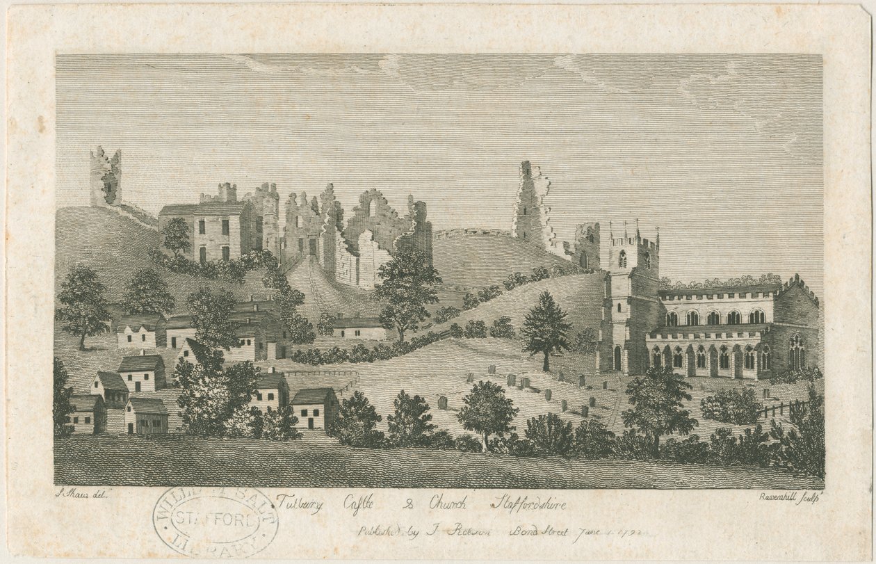 Château et église de Tutbury - Vue sud-est : gravure, nd [1762-1792] - Stebbing Shaw