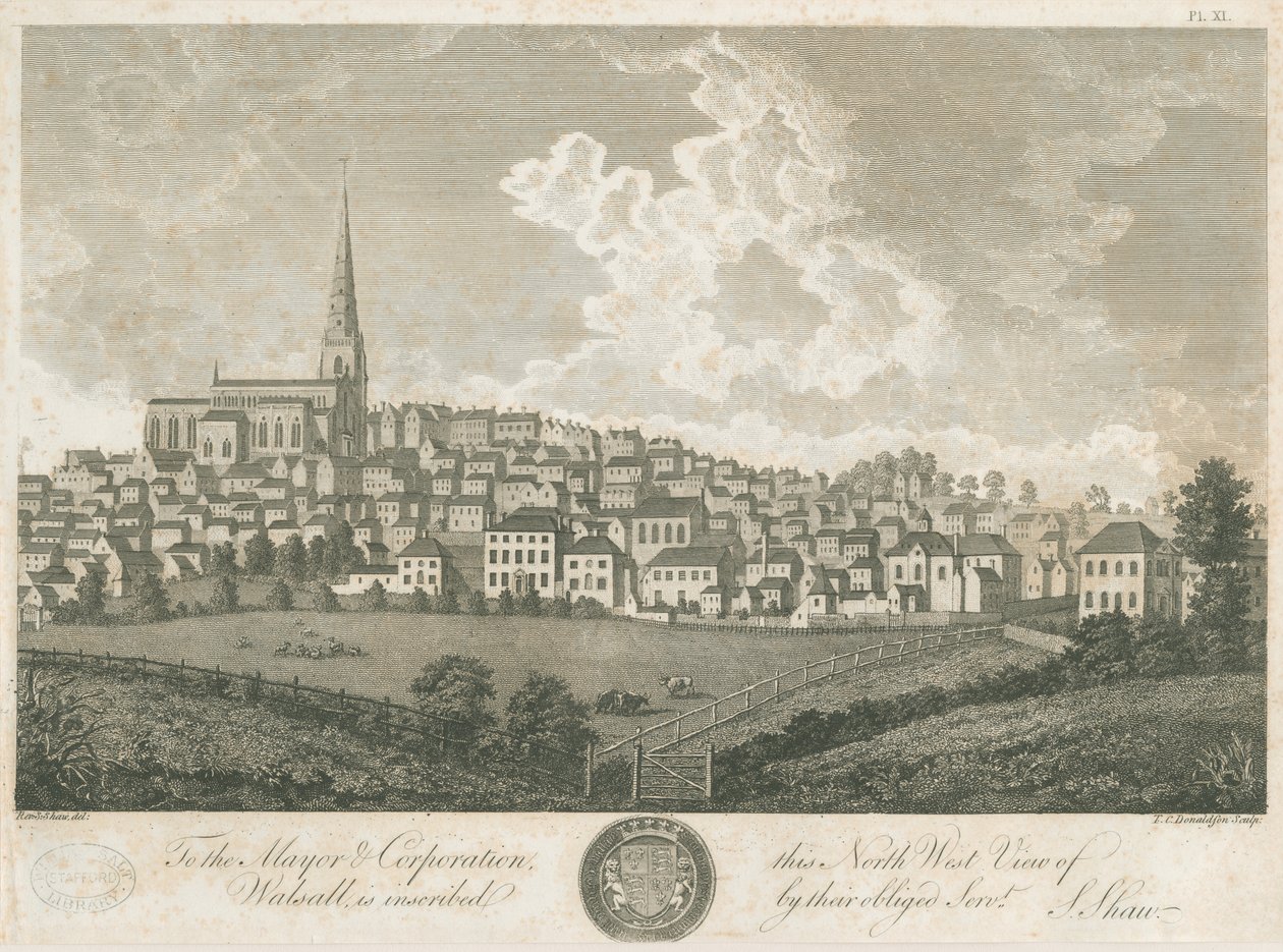 Walsall Town - Vue du nord-ouest : gravure, vers 1798 - Stebbing Shaw