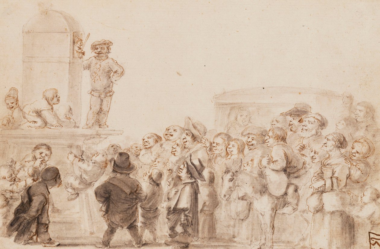Un groupe de nains regardant un spectacle de marionnettes, avec une calèche en arrière-plan - Stefano della Bella