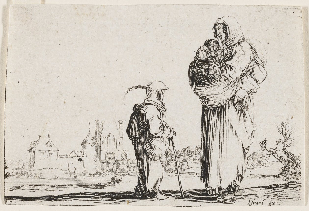 Une pauvre femme debout tenant un nourrisson, des Caprices, planche 7 - Stefano della Bella