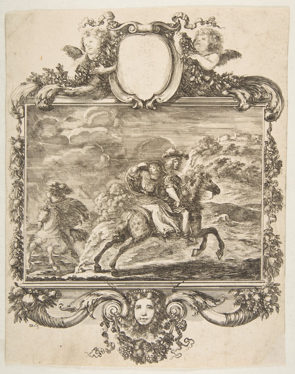 Un cavalier et une dame à cheval, dans une bordure ornée de fruits, vers 1655 - Stefano della Bella