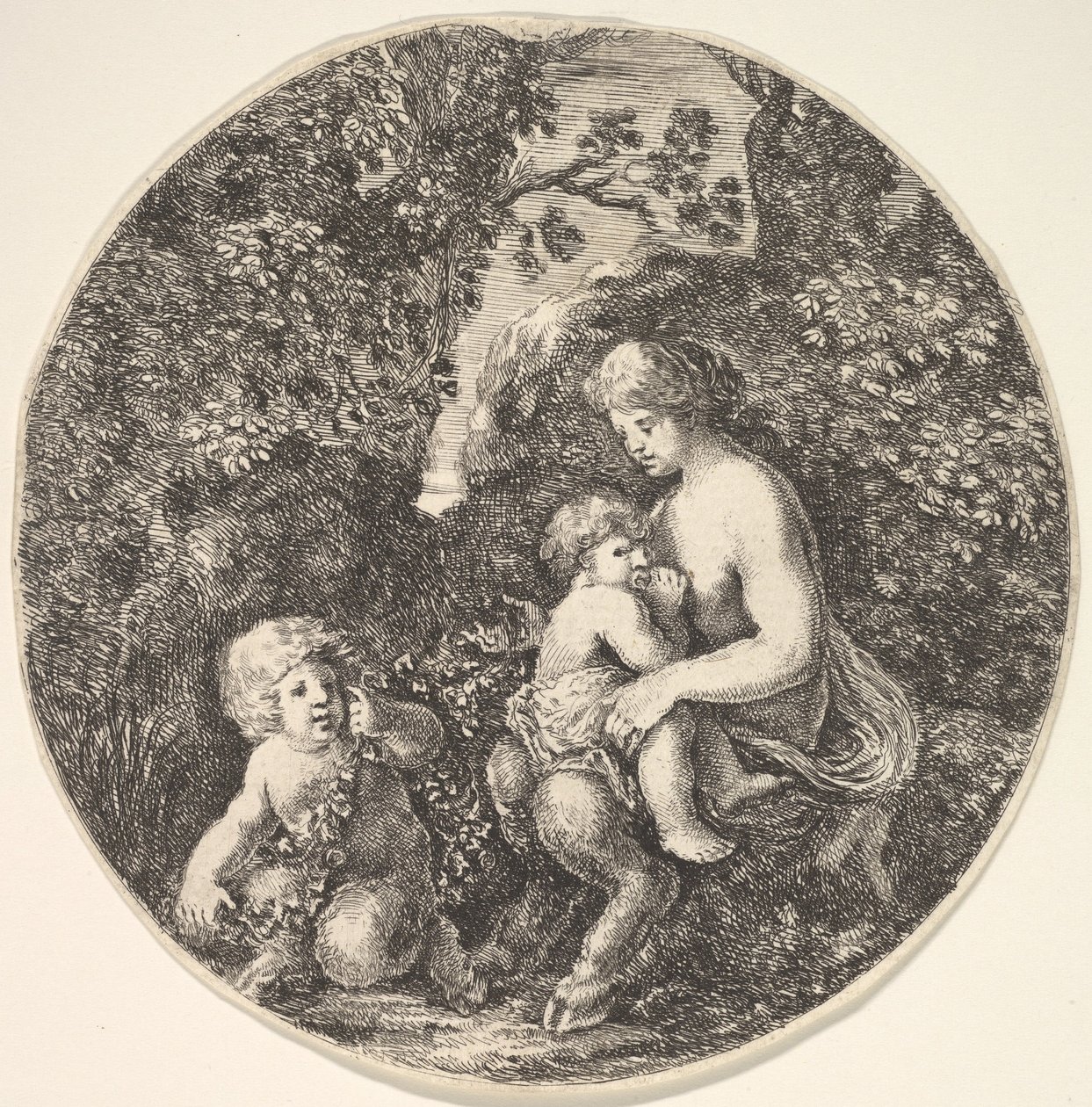 Une satyre allaitant un enfant à droite, tournée vers la gauche, un enfant satyre... - Stefano della Bella