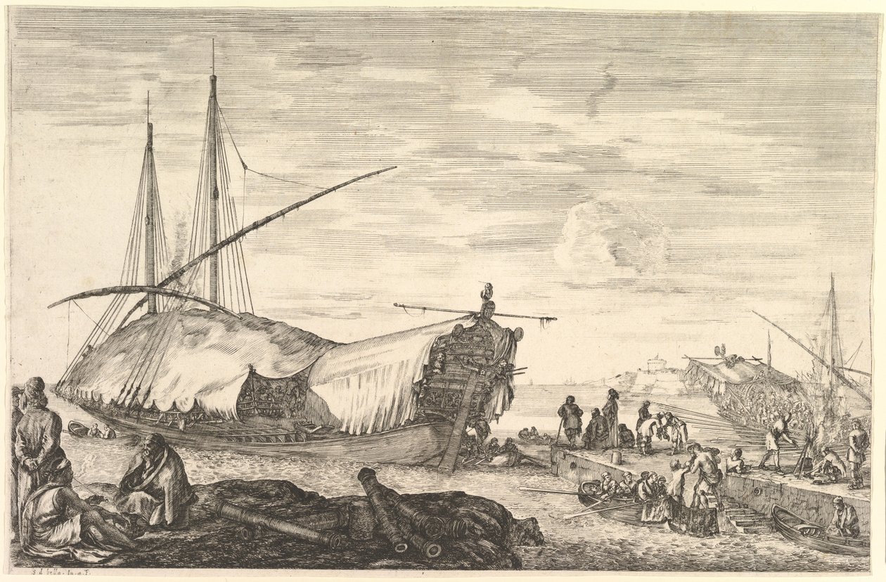 Une galère couverte de voiles à gauche, six canons et quatre personnes au premier plan - Stefano della Bella